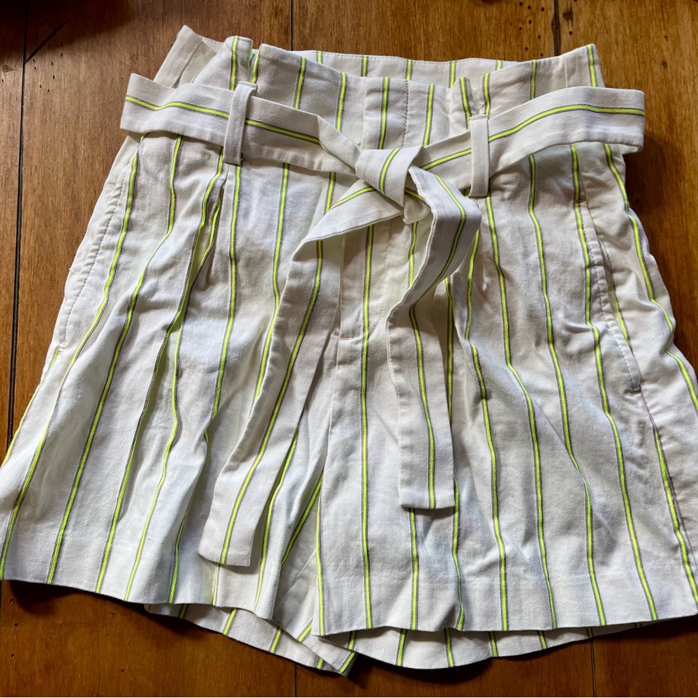 Striped White and Green Women's Paper Bag style Shorts